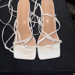 Chunky White Lace Up Heels